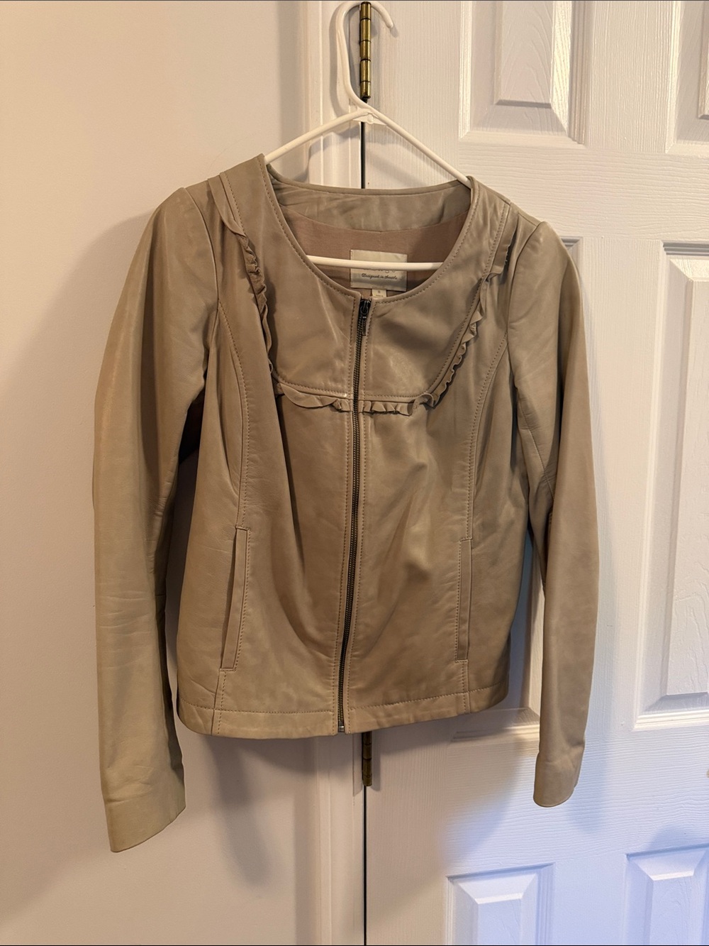 hinge Neutral Taupe Leather Zip Jacket with Ruffle Trim